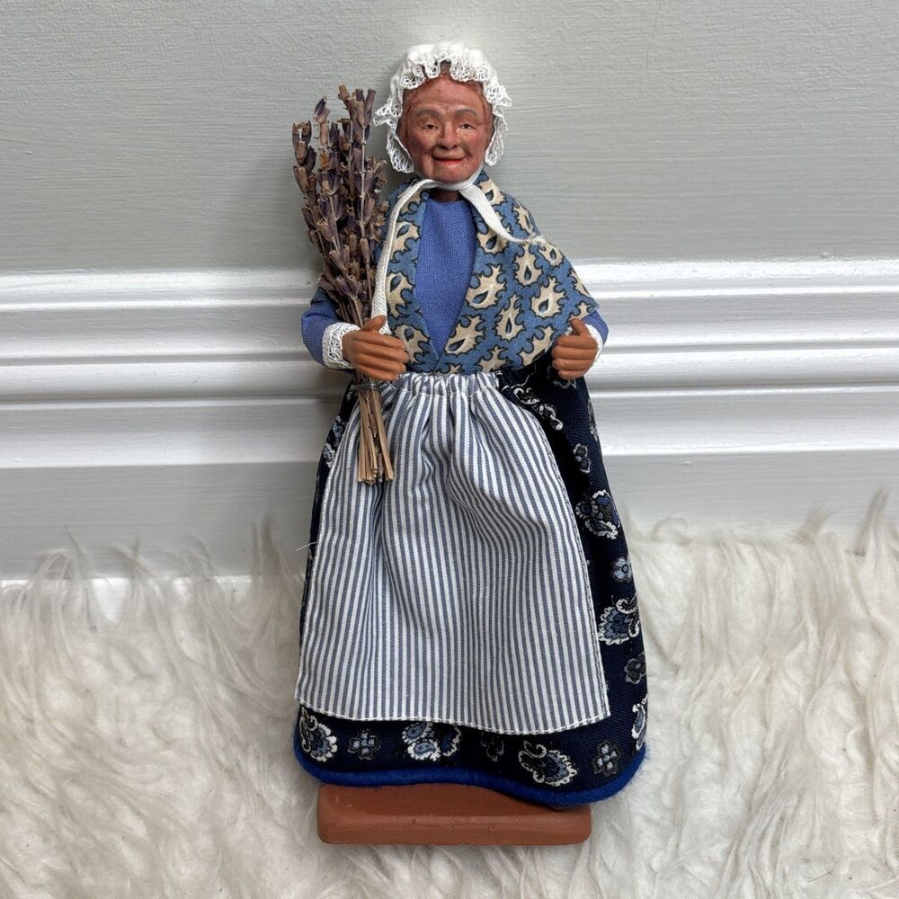 Vintage French Santon de Provence by Claude Carbonel 9” Clay Woman w/ Lavender